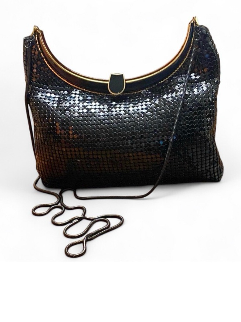 Vintage Black Metal Mesh Hobo Evening Bag Kiss Lock Shoulder Purse